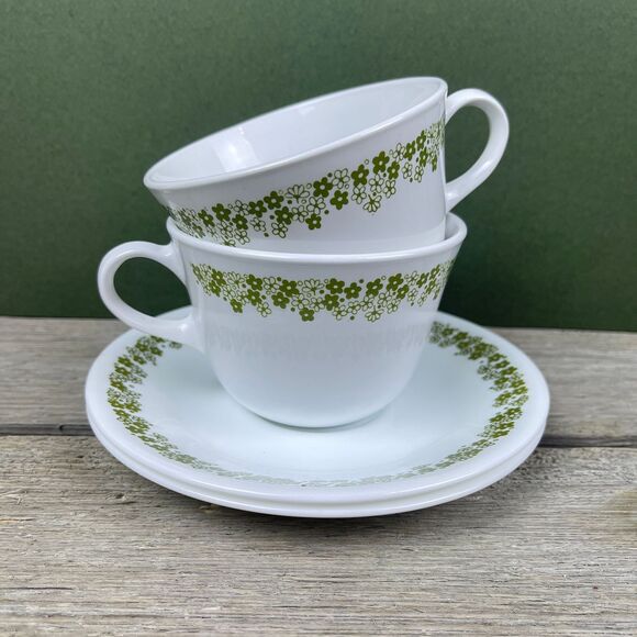 Vintage Corelle Spring Blossom Teacup And Saucer Crazy Daisy Green Flowers - Picture 1 of 8